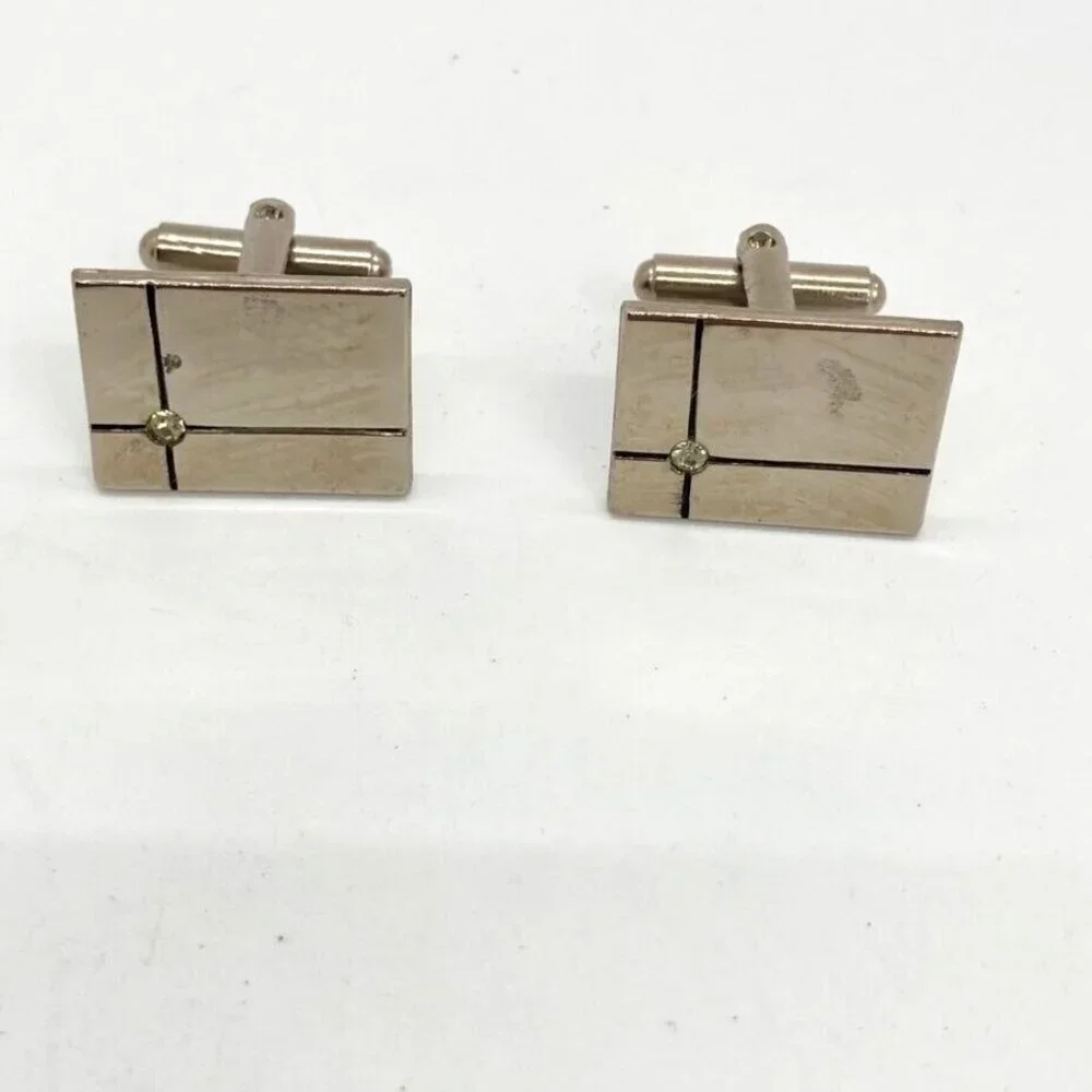 Vintage Polished Silver Tone Cufflinks‎ Rectangle Clear Crystal Rhinestone